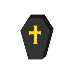 Hand drawn spooky coffin vector illustration. Halloween vampire casket with yellow, gold cross, isolated.