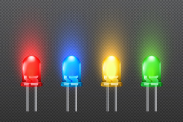 Set of colored light emitting diodes with glowing effect, LED collection, isolated on simple background
