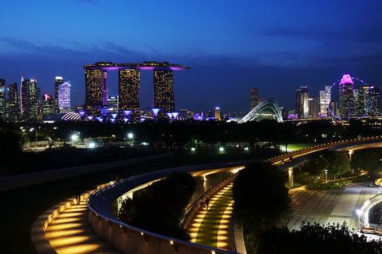 Singapore skyline at the evening with Marina Bay Sands in the center as representative building, Singapore, October 13, 2018
