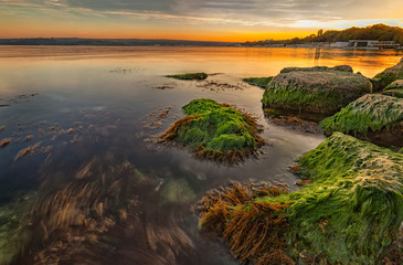 Beauty sea sunset with colorful moss over the rocks. Smooth long exposure of waves