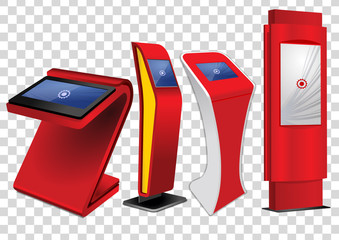Four Red Promotional Interactive Information Kiosk, Advertising Display, Terminal Stand, Touch Screen Display isolated on transparent background. Mock Up Template.