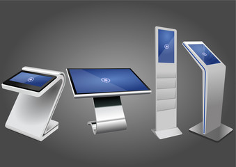 Four Promotional Interactive Information Kiosk, Advertising Display, Terminal Stand, Touch Screen Display. Mock Up Template.