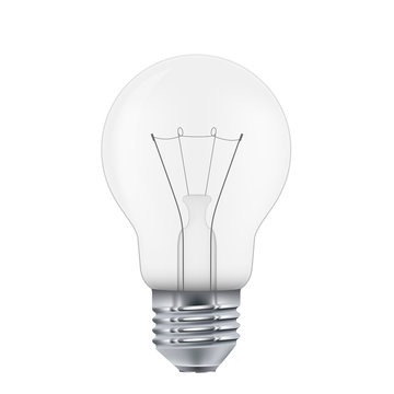 Realistic transparent light bulb, vector, isolated on white