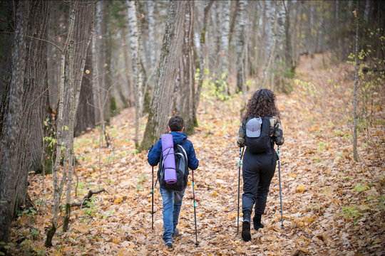 Nordic walking. Little boy and young woman. Back view. Fall season