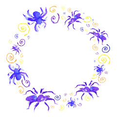 Watercolor circle frame of violet spider to Halloween