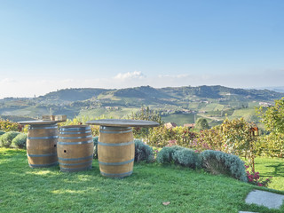 View of a row of barrels at the Langhe used to have a relaxing meal with a view. Langhe is a countryside in Piedmont, it's very popular because of the good wines and food