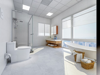 Spacious bathroom with partition shower, bathtub, toilet and sink, mirror, etc.