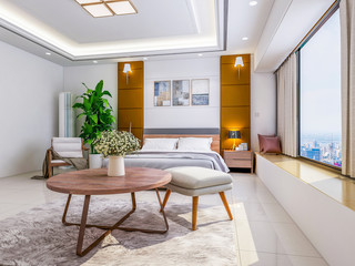 Beds and tables, chairs, carpets, etc. in a luxury hotel room, side view