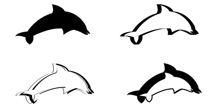 Vector illustration set of four stylized dolphins