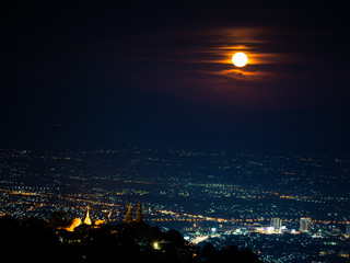 Chiang Mai landscape and red full moon and clouds