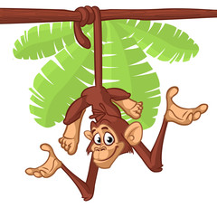 Cute Monkey Chimpanzee Hanging  On Wood Branch. Vector Illustration Cartoon. Outlined © drawkman