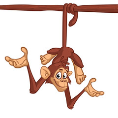 Cute cartoon chimpanzee monskey hang down the tree. Vector illustration in cartoon style. Outlined