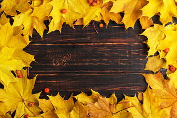 Autumn composition of leaves on dark wooden. Concept copy space.