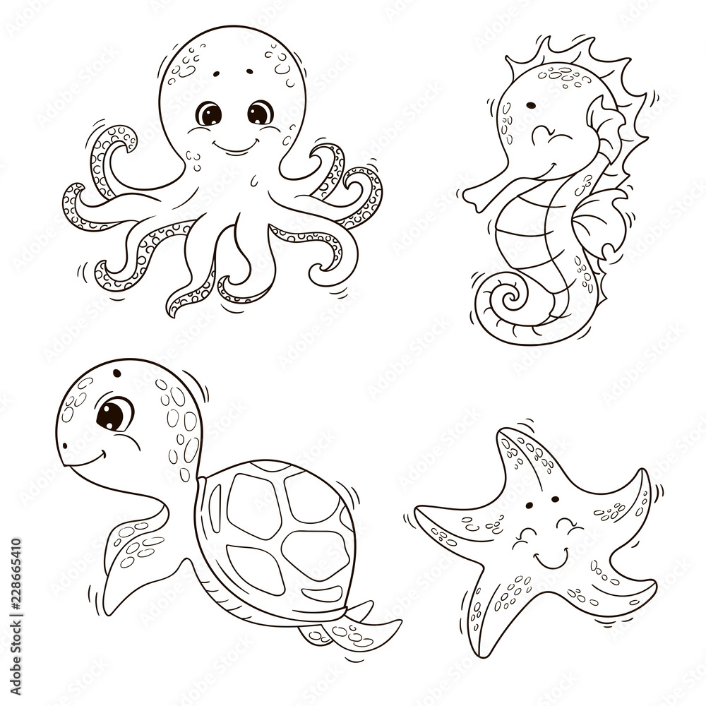 Wall mural Cute sea animals ( turtle, octopus, seahorse, starfish ). Vector black and white outline illustration for coloring book.