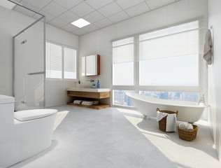 Spacious bathroom with partition shower, bathtub, toilet and sink, mirror, etc.