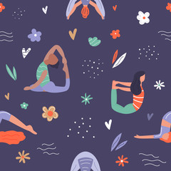 Vector seamless pattern wirh girls in yoga poses