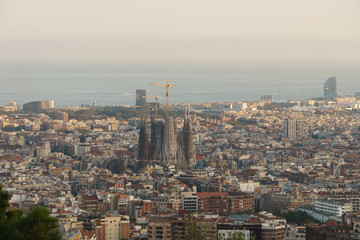 View of the Sagrada Familia of Barcelona, Catalonia, Spain, from above. The Holy Family, work of Gaudí, is the tourist icon of Barcelona