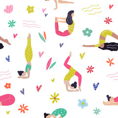 Vector seamless pattern wirh girls in yoga poses