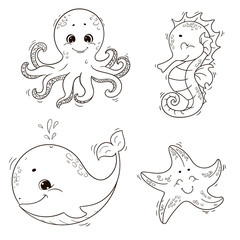 Cute sea animals ( whale, octopus, seahorse, starfish ). Vector black and white outline illustration for coloring book.