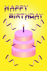 
Pink cake with candle and letters saying happy birthday on yellow background
