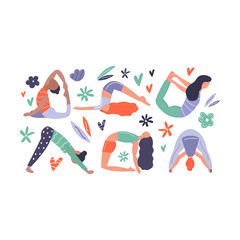 Vector illustration - yoga girl in asana. Yoga power concept. Lettering text