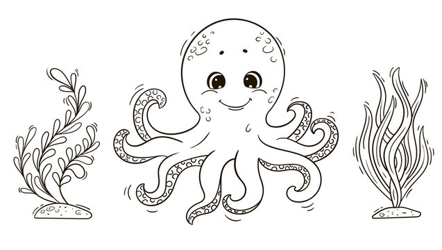 Cute cartoon octopus with seaweed for coloring book.