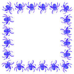 Watercolor circle illustration of blue purple spider to Halloween. Square frame or composition of objects