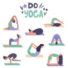Set of yoga girls in different asanas, poses.