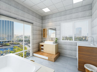 Modern bathroom design with bathtub and vanity in a spacious and bright room