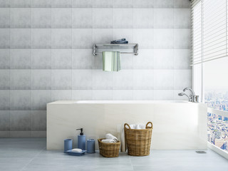 Spacious and bright bathroom with bathtub, facing the huge glass floor to ceiling window