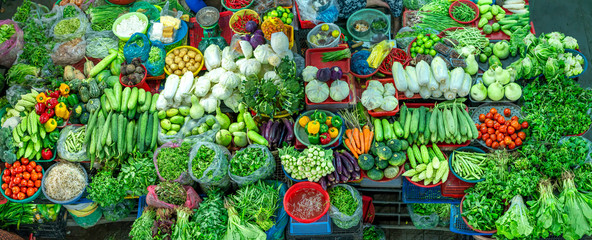 Colorful fresh organic vegetables in market. These are vitamins, minerals, fiber are very useful for human health
