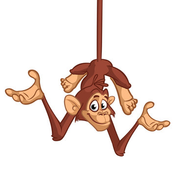 Funny Monkey Chimpanzee Hanging Upside Down Vector Illustration In Fun Cartoon Style Design