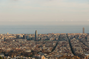 Bird's eye view on Barcelona with Agbar Tower. Financial District of Barcelona, Catalonia, Spain.