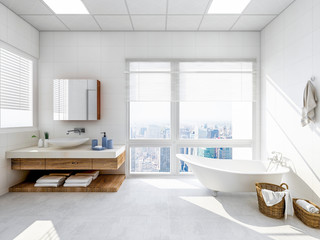Fototapeta premium Spacious bathroom with partition shower, bathtub, toilet and sink, mirror, etc.
