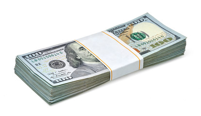 New US Dollar bills bundles stack on white background including clipping path.