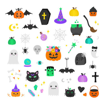 Halloween hand drawn vector icon set. Cute spooky illustrations. Carved and festive pumpkins, candy, witch and wizard, trick or treat, night and cemetery objects, animals, monsters and ghosts.