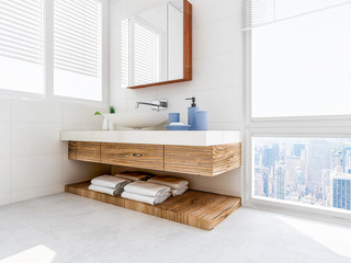 Solid wood washstand in the spacious bathroom with toiletries and green plants