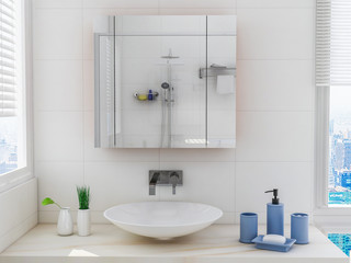 Solid wood washstand in the spacious bathroom with toiletries and green plants