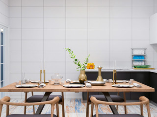 Modern kitchen and dining room design renderings, solid wood dining table, cabinets, refrigerator, etc. in a spacious kitchen, separated from the living room by a glass door
