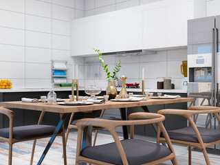 Modern kitchen and dining room design renderings, solid wood dining table, cabinets, refrigerator, etc. in a spacious kitchen, separated from the living room by a glass door