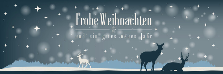 Banner zu Weihnachten und Neujahr mit Rentieren vor einem Wald im Winter