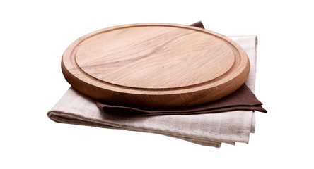 Pizza board, with napkin isolated. Top view mockup