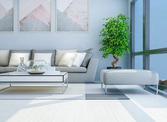 Fototapeta na wymiar Spacious modern living room with sofa and green plants