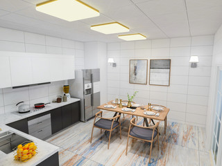 Modern kitchen and dining room design renderings, solid wood dining table, cabinets, refrigerator, etc. in a spacious kitchen, separated from the living room by a glass door