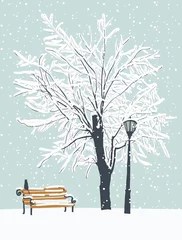 Foto op Plexiglas Vector winter landscape with a lonely cat on a bench in the Park under a snow-covered tree. Snowy winter illustration © paseven