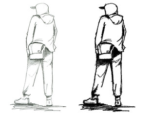 Waiting guy in the hood with a shoulder bag sketch from the back. Hand drawn pencils sketch. Illustration isolated on white.