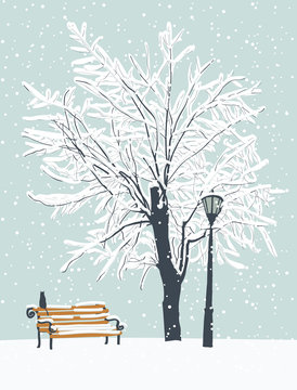 Vector winter landscape with a lonely cat on a bench in the Park under a snow-covered tree. Snowy winter illustration
