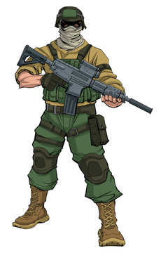 recommend clip art: Full-length illustration of masked soldier on patrol, holding machine gun. 