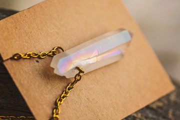 Natural crystal quartz pendant on metal chain