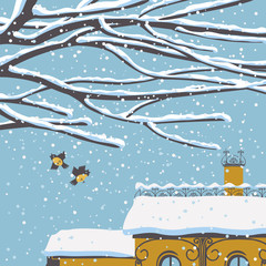 Vector winter landscape with snow-covered roofs, branches of a tree and funny birds in flat style